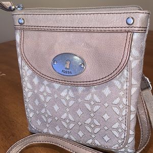 EUC Fossil crossbody 2 compartments gold tan tapestry leather trim super clean